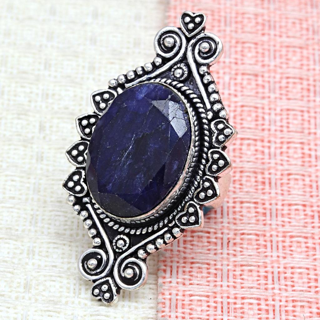 Blue Sapphire Gemstone Handmade Silver Jewelry  "7"