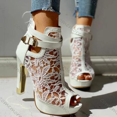 Fashion Comemore Floral Lace Hollow High Heel Sandals Mesh Zip Pumps Ladies Sexy Shoes Peep Toe Casual Women's Sandals Summer Sandalias