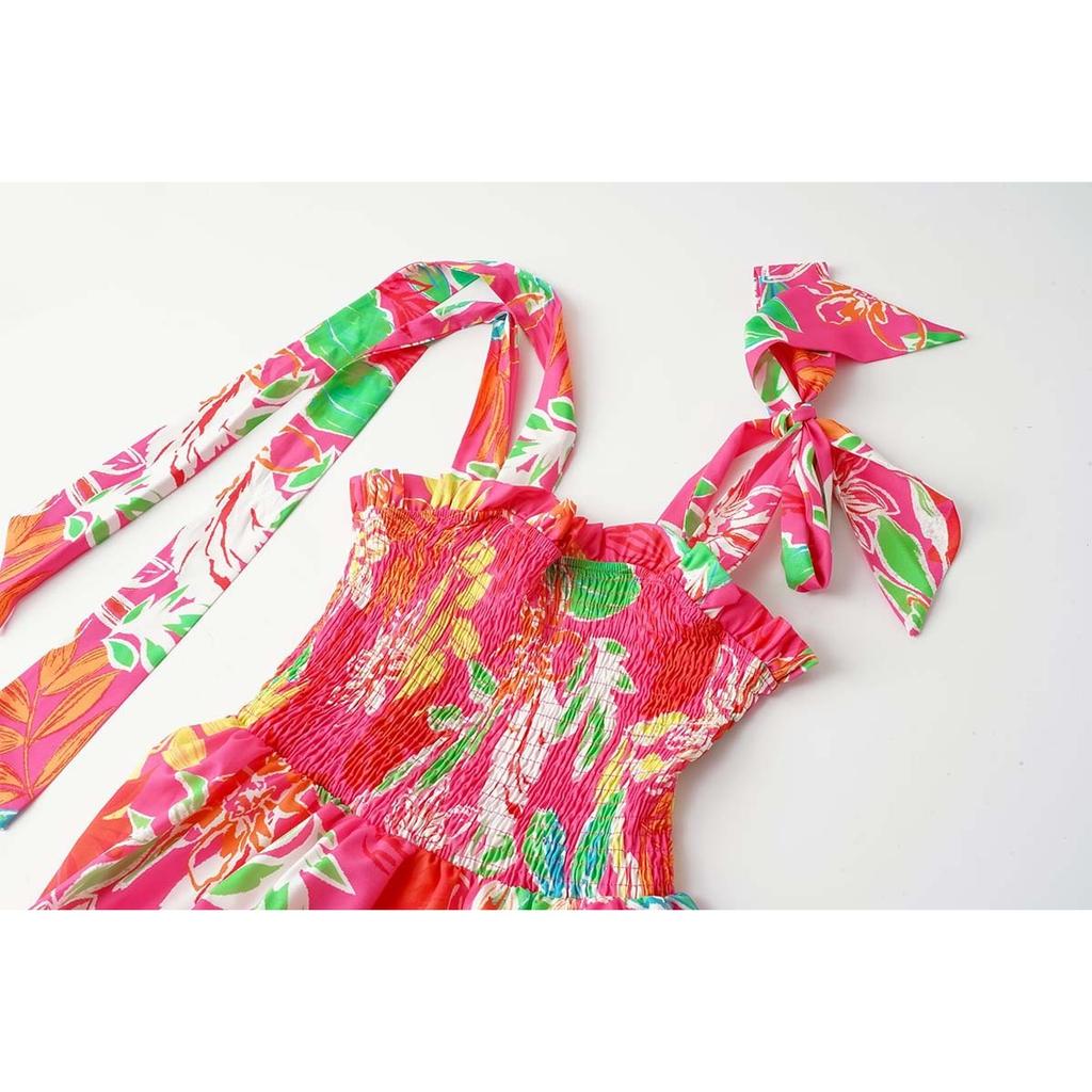 Summer Women Leaf Print Wrap Chest Tie Strap Dress, Casual Fashion Dresses for Women
