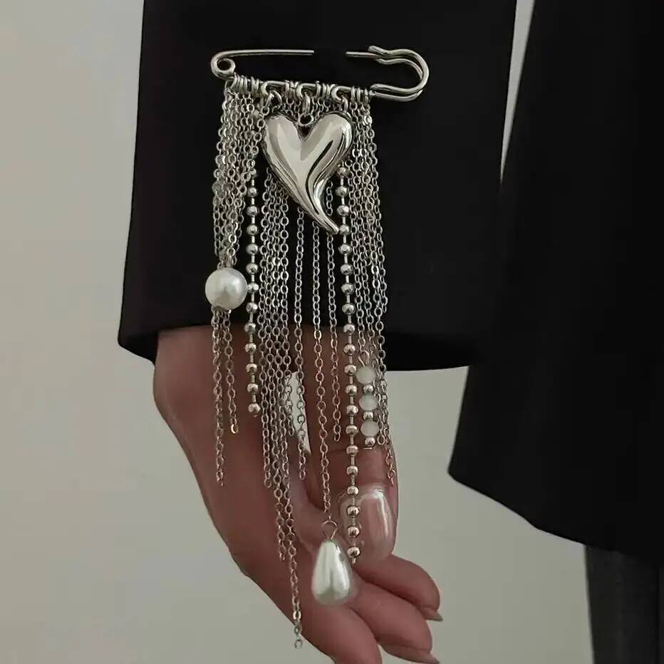SHIXIN Trendy Charm Metal Heart Brooch Women Hyperbole Silver Color Imitation Pearl MultiLayer Tassel Brooches Jewelry Accessory