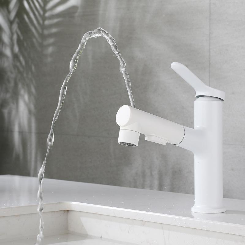 Weiß/Schwarz Messing Ausziehbarer Badezimmer-Waschtischhahn Haushalt Badezimmer Heiß- und Kaltmischwasser Multifunktionaler Waschtischhahn