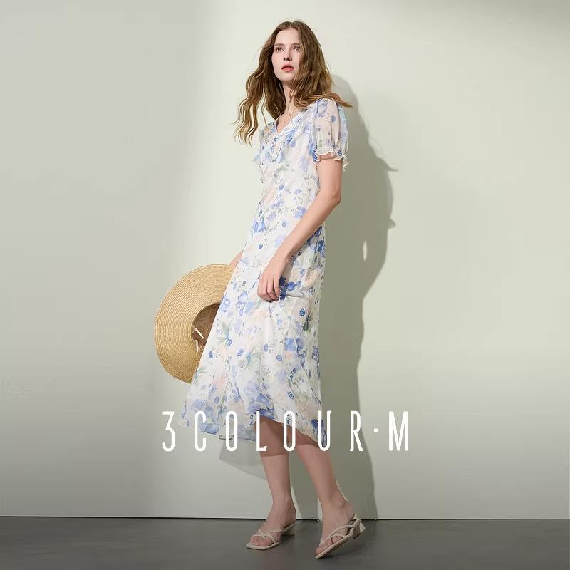 Fashion French medium and long dress New floral romantic commute light and familiar style blue dress in summer