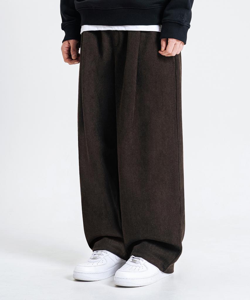 LEMAIN SECOND Single-Pleat Wide Corduroy Elastic Pants [Brown]