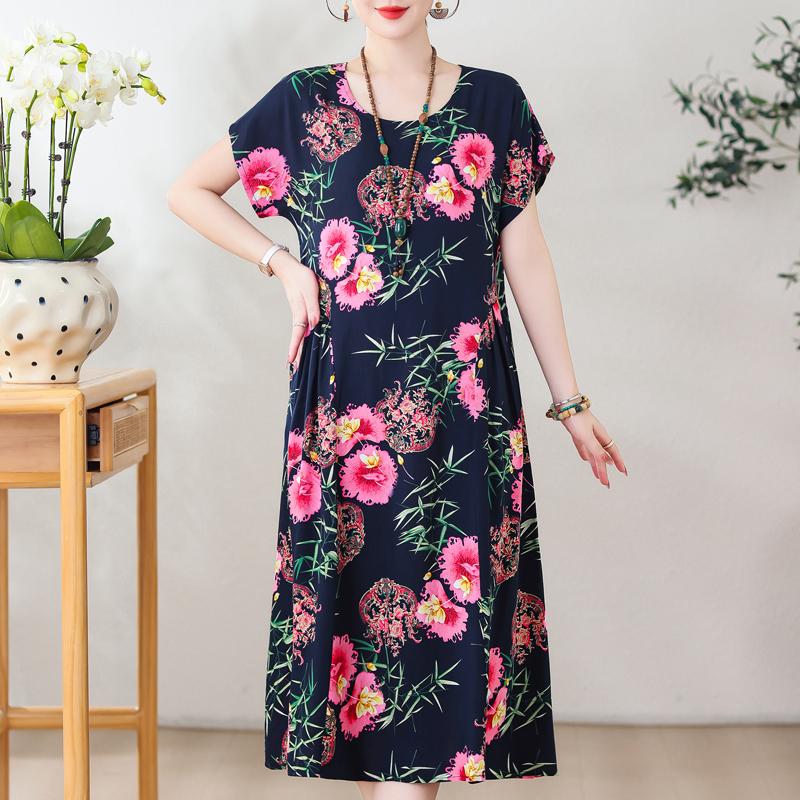 Übergröße Elegante Damenkleider Sommer Vintage Kleidung Kurzarm Lässiges Langes Kleid