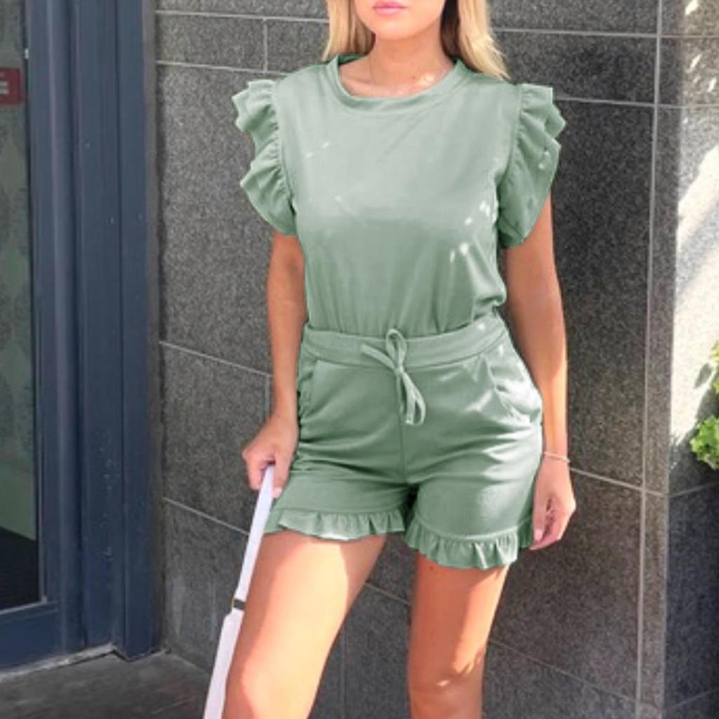 Seturi de ținute 2 piese pentru femei, bluză cu mâneci cu volan, cămașă, pantaloni scurți cu talie înaltă, cu buzunare