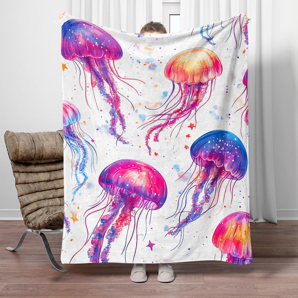 1pc Colorful jellyfish watercolor design fleece blanket soft throw for beach lovers ocean theme bedroom decor gift
