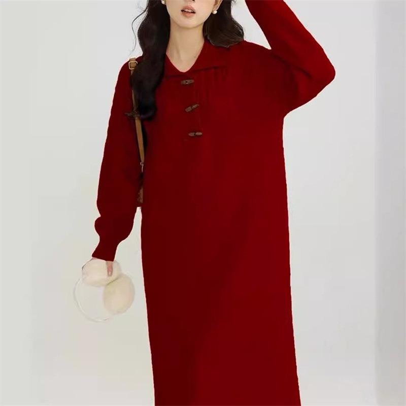 Fashion Casual Lapel Knitted Dress Women's Autumn and Winter New Loose Medium and Long Sweater with Bottom Skirt