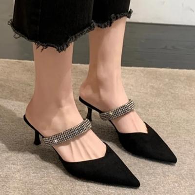 Damen 2024 Hochwertige Hausschuhe Mode Baotou Luxus Strass Design High Heel Hausschuhe Elegant Kleid Party Spitz Zehen Pantoletten