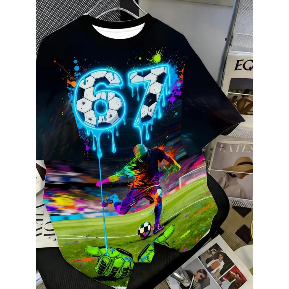 67 Digital Football Print Children's T-Shirt Summer Short Sleeve T-Shirt Sports Top Fashion Comfortable T-Shirt for Boys Girls