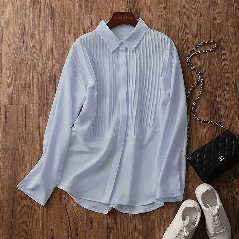 Women's Spring White Pleated Chest Long Sleeve Button Down Shirt