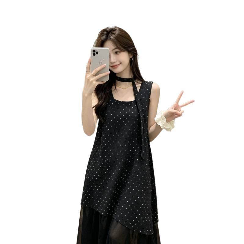 French Retro Black Polka Dot Neck Sleeveless Dress Women's Summer Loose and Thin Splicing Gentle Wind Long Dress Tide