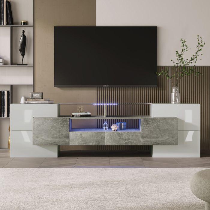Modern TV Stand, Lacquered White and Grey, with LED Lighting, 6 Doors, 2 Drawers, Living Room Furniture, 200 X 35 X 60 Cm