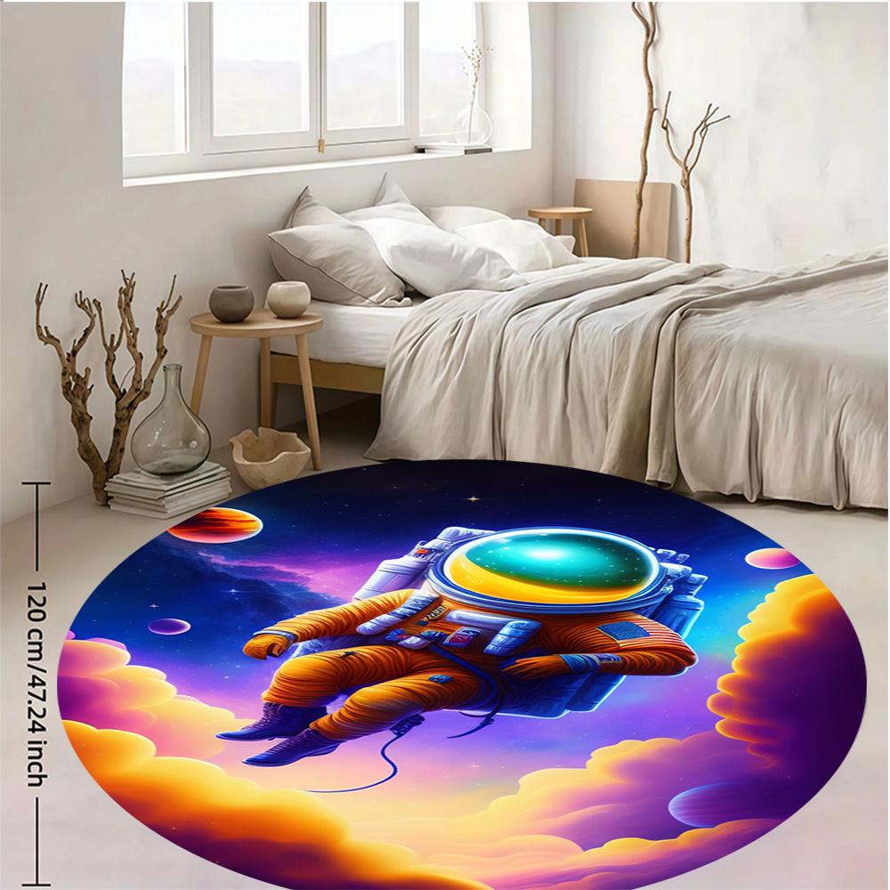 Astronaut Space Clouds Round Rug Flannel Sci Fi Fantasy Floor Mat Kids Bedroom Decor 39in Soft Non Toxic Washable Carpet for