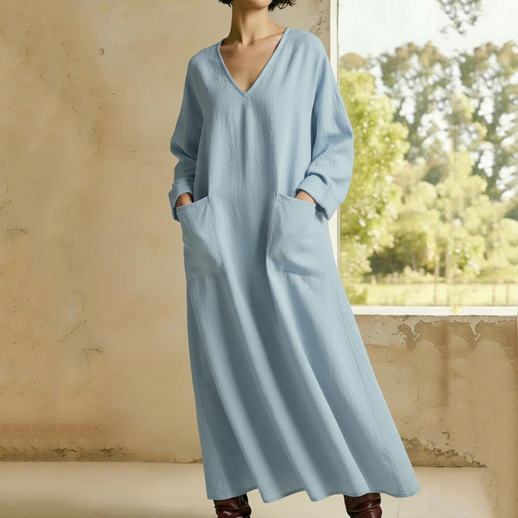 Women's Fashionable Loose-Fit -Color V-Neck Pocket Long-Sleeve Cotton-Linen Blend Dress