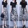 Women Midi Dress Flower Printed Fake Two Piece Mesh Bow-knot Tight Waist Dating Short Sleeves O Neck Lady Party Summer Dress Female Clothes
