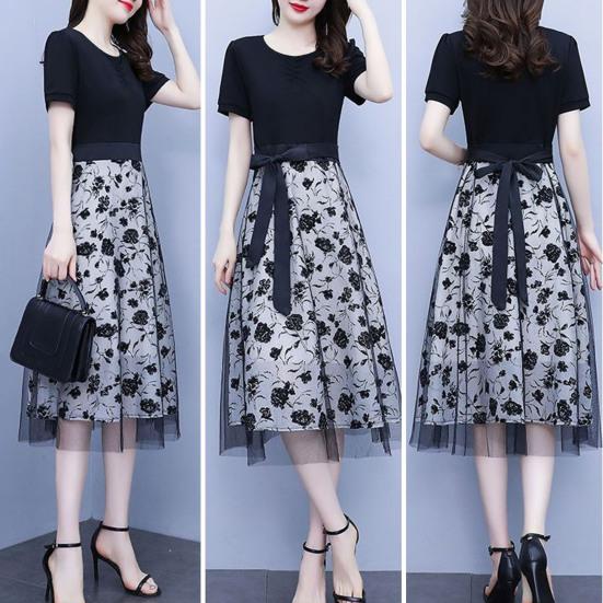 Women Midi Dress Flower Printed Fake Two Piece Mesh Bow-knot Tight Waist Dating Short Sleeves O Neck Lady Party Summer Dress Female Clothes
