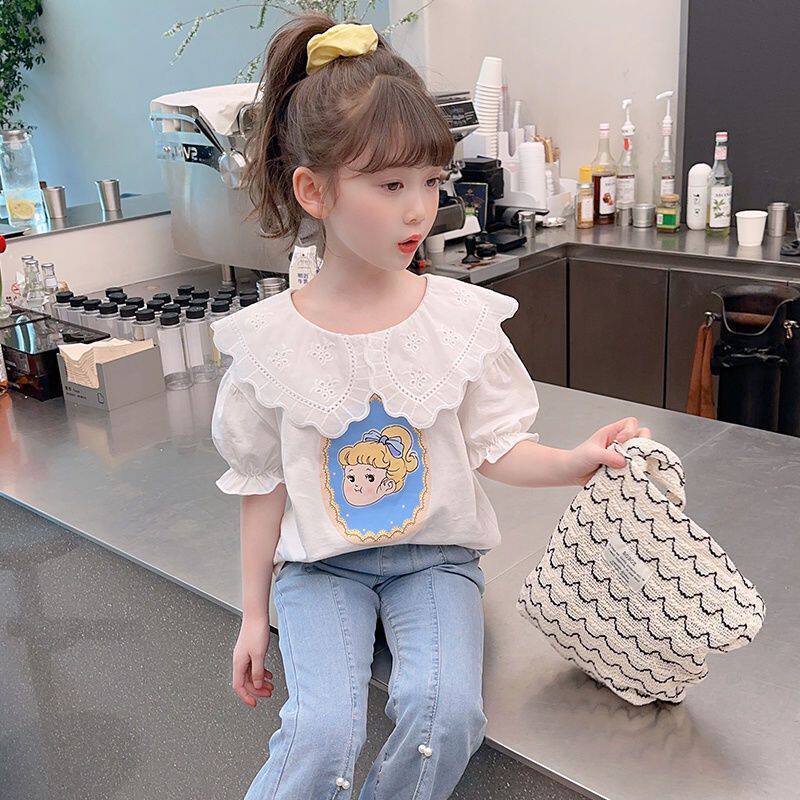 Girls Summer Cotton Short Sleeve T Shirt Middle Big Kids Cartoon Puff Sleeve Peter Pan Collar Top 110 белый