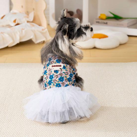 Floral Dog Dress Small Dogs Dress with White Tulle Skirt Summer Tutu Dress for Puppies Bichon Frise Schnauzer Small Breeds