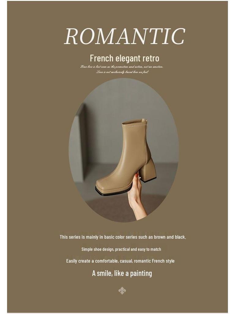 Women's Soft Leather Elastic Ankle Chunky Heel Boots - Autumn/Winter 2025, Square Toe, Plush, Platform Martin Style.