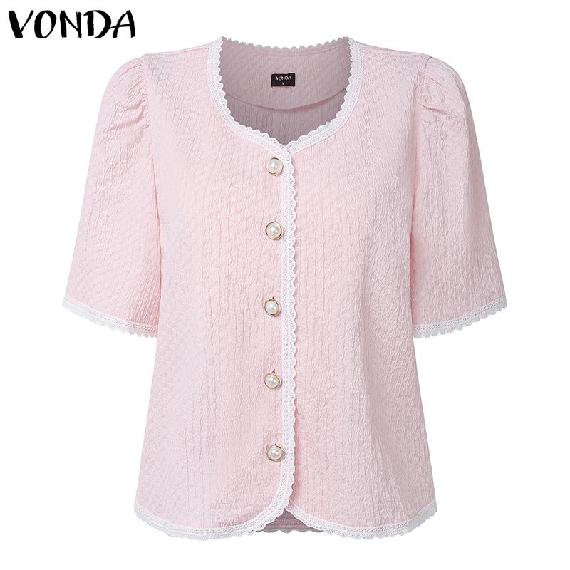 

ZANZEA Women Lapel Short Sleeve Buttons Texture Casual Cropped Blouse S рожевий