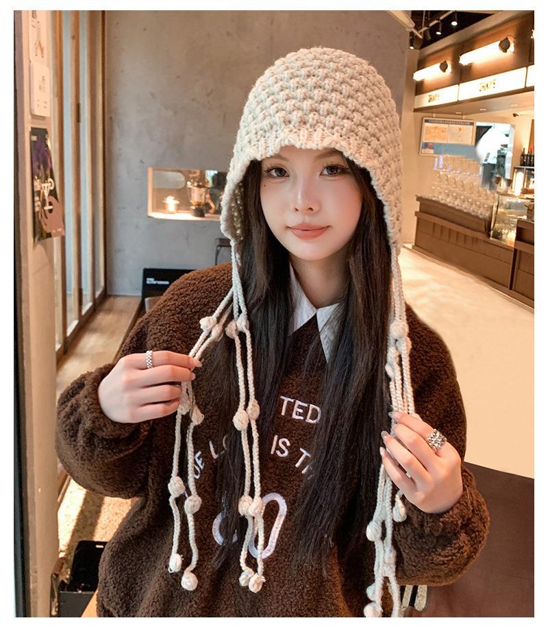 

Модная вязаная шапка с помпоном и бахромой ручной работы, теплая, с ремешками для защиты ушей, вязаная шапка, большой обхват головы, шапка-пуловер 55-60cm