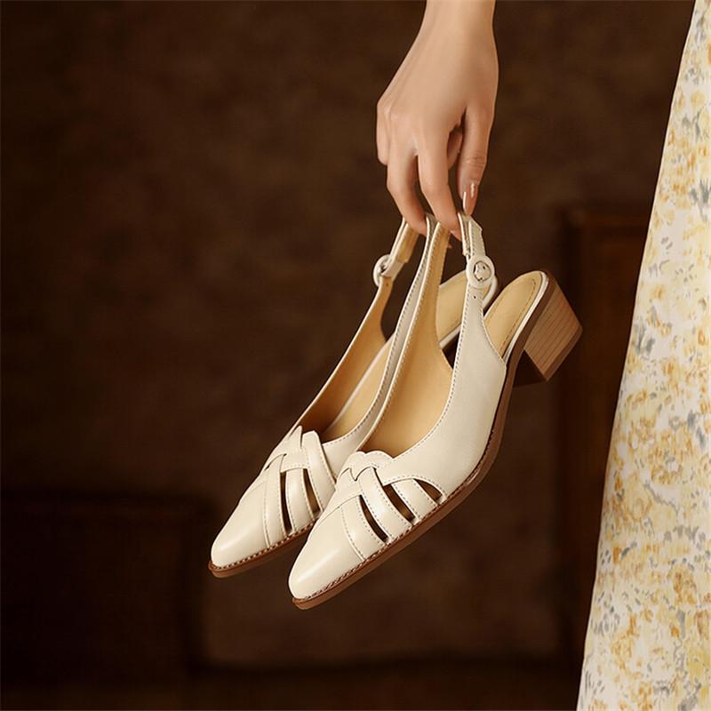 Fashion Summer Sandals Genuine Leather Sandals Casual French Retro Pointed Toe Hollow Out GLADIATOR Sheepskin Sandals Thick Heel Shoes