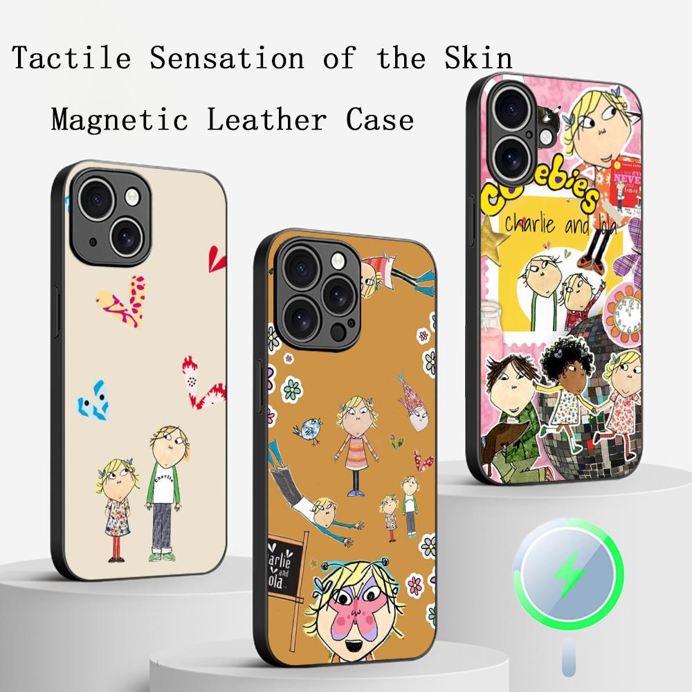 Charlie lola cartoon cute pattern desgin Phone Case For iPhone 16 15 14 13 12 11 Plus Pro Max  High-end Luxury Magsafe Sheepskin