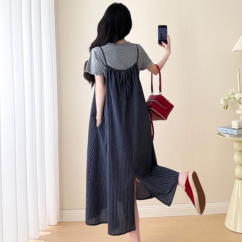 

Korean Maternity Set: Polka Dot Cotton Tee + Striped Suspender Dress M