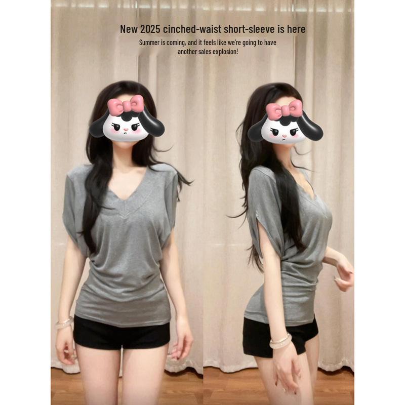 

2025 Plus Size V-Neck Batwing Sleeve Solid Color T-Shirt Extra Large