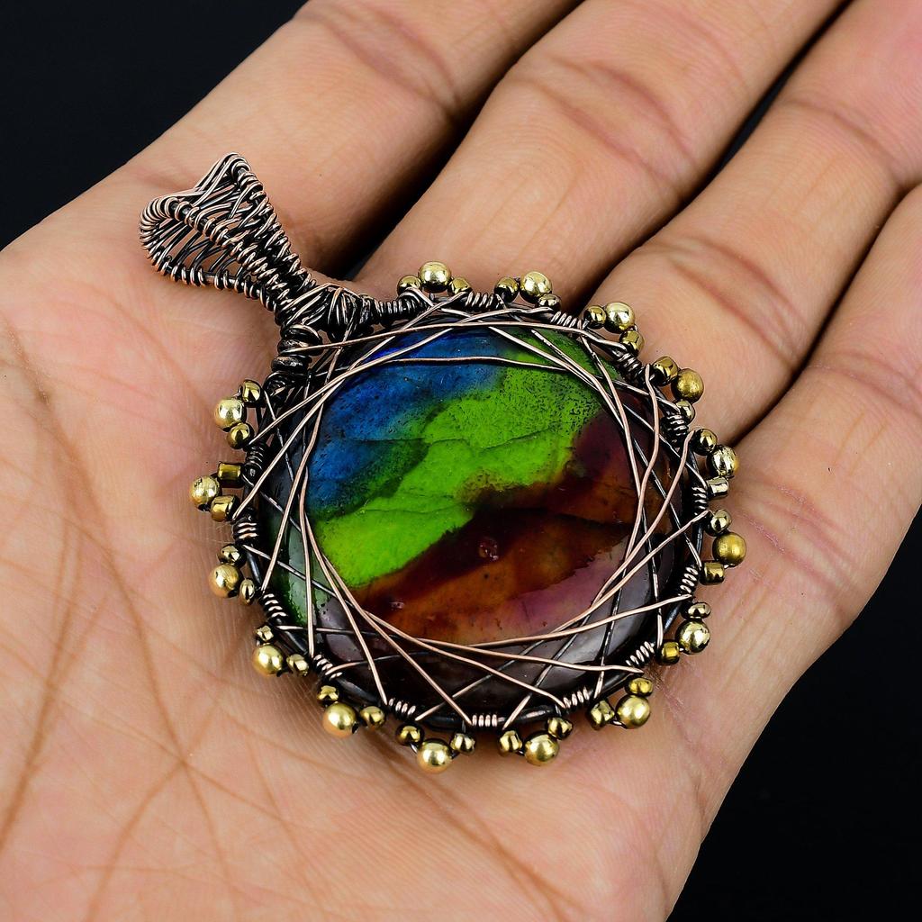 Color Labradorite Pendant Gemstone Handmade Jewelry, 999 Copper Wire Wrapped Pendant, Gift For Wife Jewelry