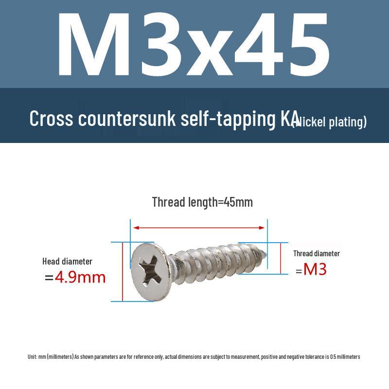 YiguYigu Nickel-Plated Phillips Flat Head Self-Tapping Screws M1-M5, Carbon Steel