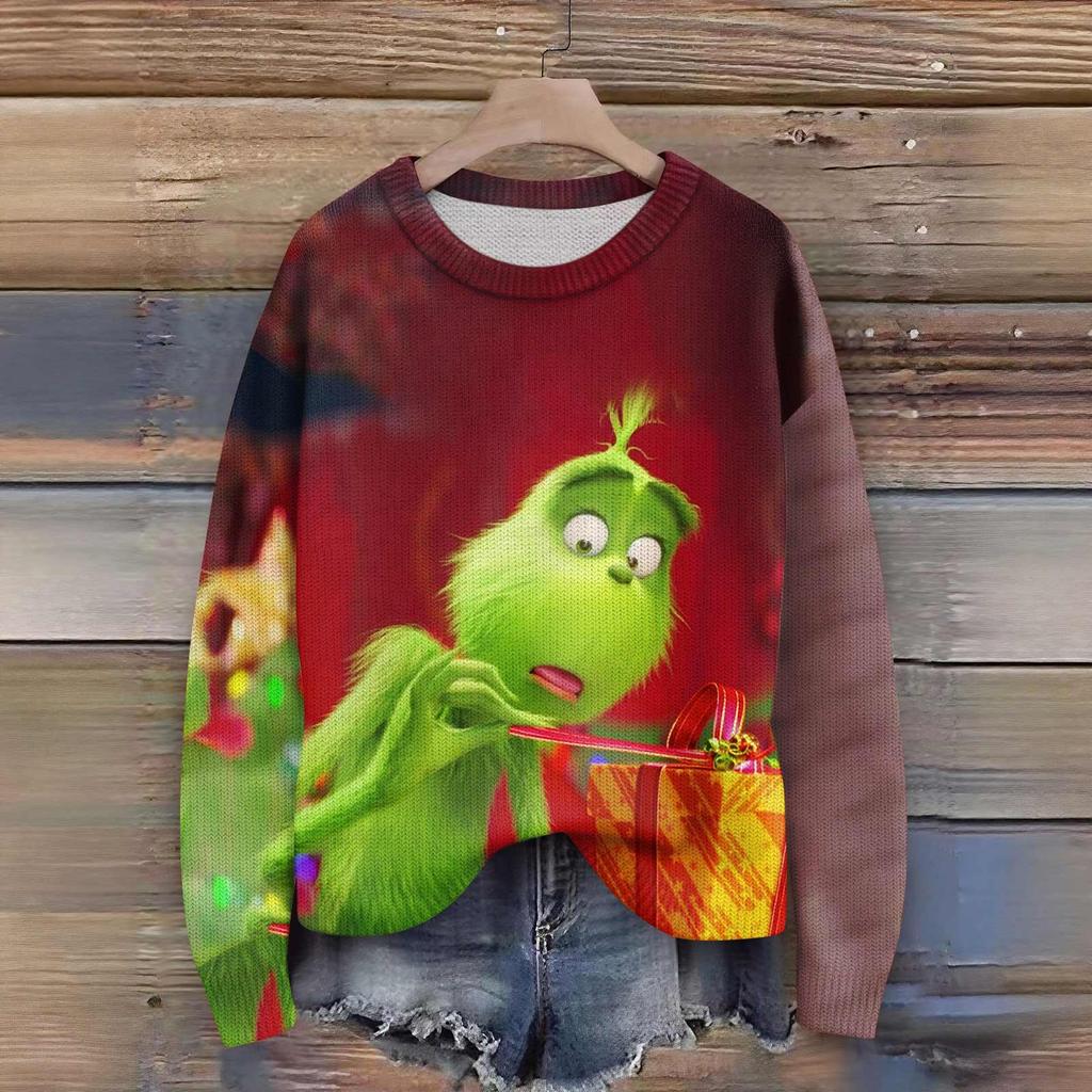 Truien met lange mouwen voor dames O-hals casual schattige print gebreide oversized trui