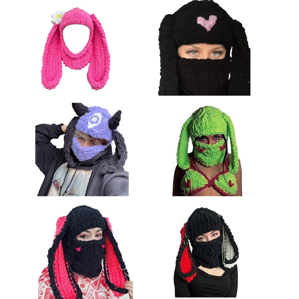 Knitting Balaclava Cap for Women Adult Rabbit Ear Beanie Hat Handmade Face Cover Hat Crochet Hooded Hat for Outdoor Ski