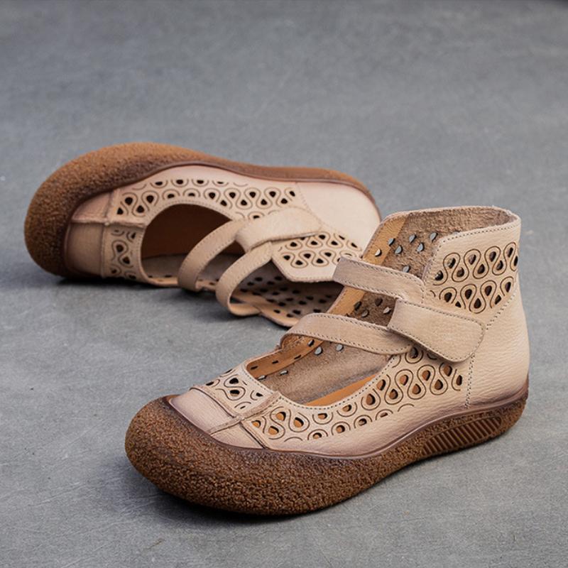 Johnature Hollow Breathable Sandals Genuine Leather Retro Soft Sole Comfortable Versatile Women's Shoes