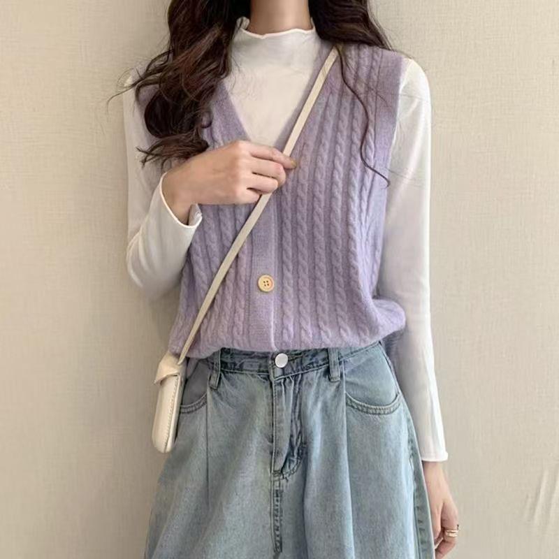 Korean Retro Cable Knit Vest Women V Neck Sweet Pastel Sleeveless Sweater Waistcoat Wholesale