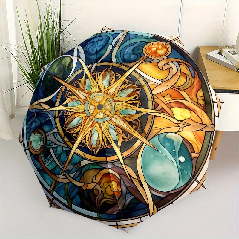 

Stained Glass Compass Rose Window Panel Art Decor Umbrella, Cute Umbrella with Cute Design, Portable 3-Fold Compact Umbrella for Men & Women, Valentin