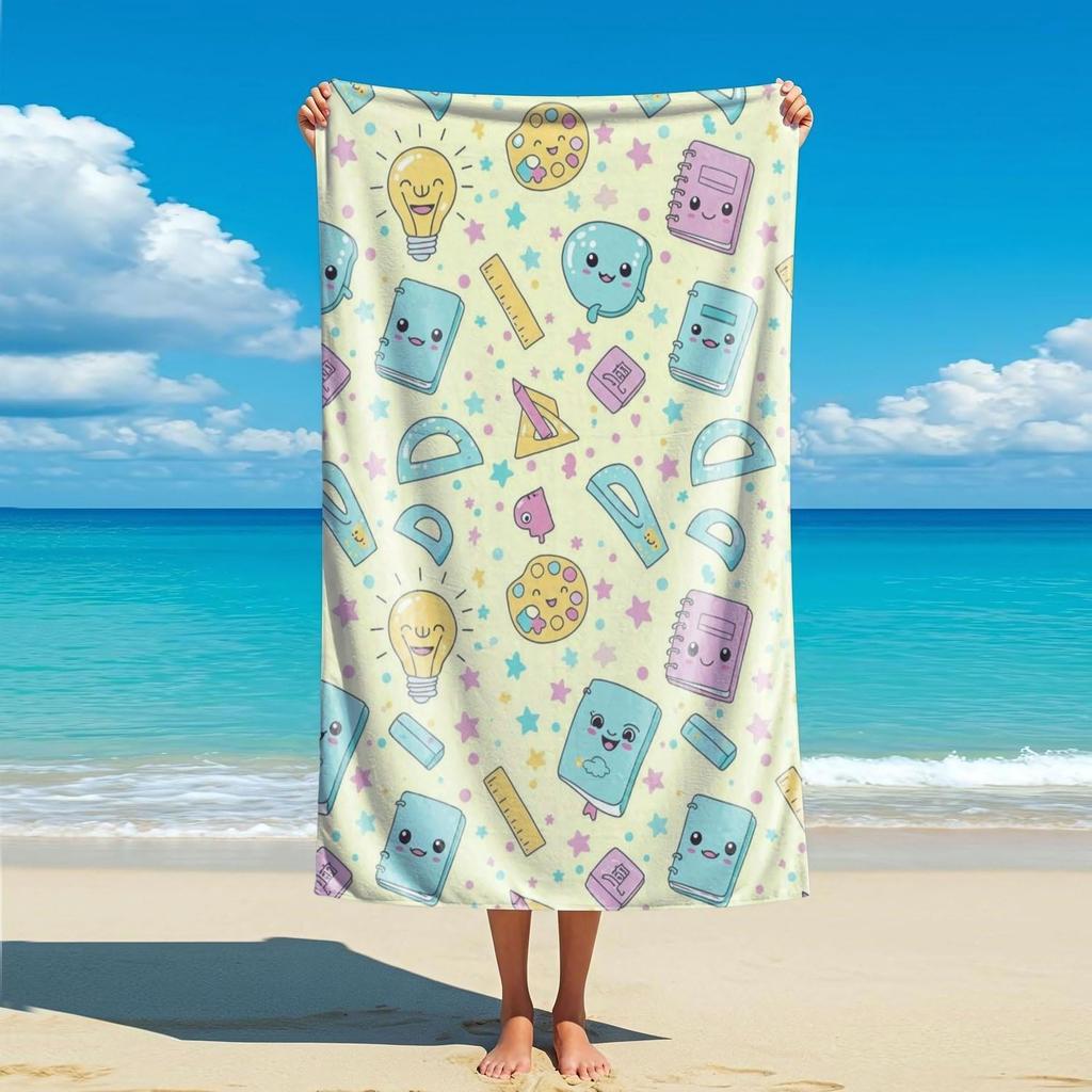 Cartoon Retro Strandtuch - Handgezeichnete Kamera Kaffeetasse Spielkonsole Aufdruck, Übergroßes Mikrofaser Schnelltrocknendes Strandtuch, Reise
