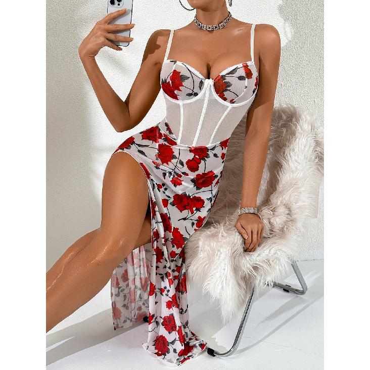 Women Exotic Sets Red Rose Print Sheer Mesh Corset Midi Lingerie Dress Spaghetti Strap High Slit Sexy Nightgown