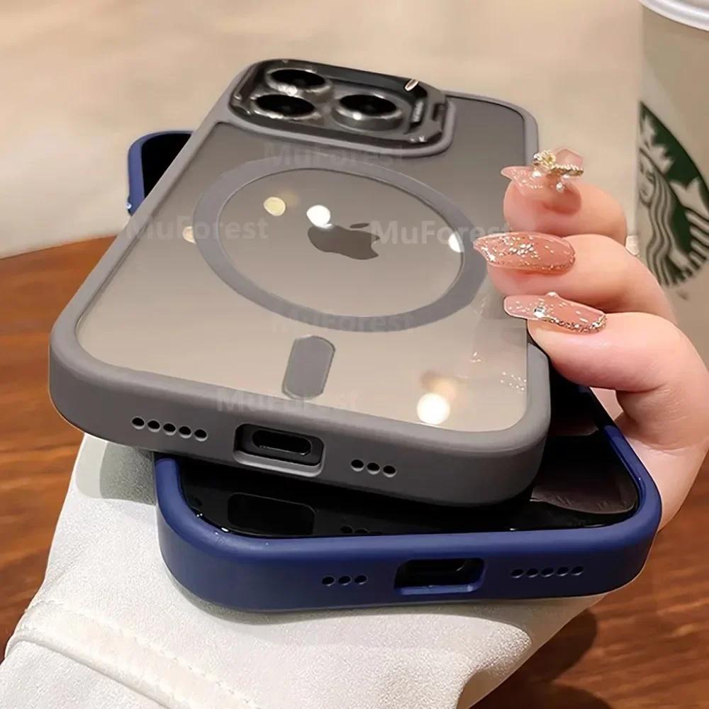 Průhledné kryty pro iPhone 16 15 14 13 12 11 Pro Max Plus Pro Magsafe Magnetický vyklápěcí kryt Stojánek Ochranný kryt objektivu z tvrzeného skla