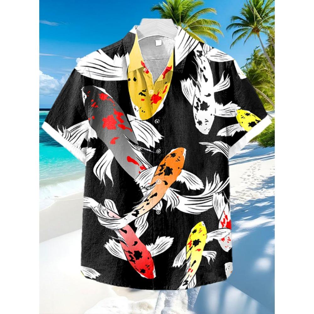 

2026 New Summer Men s Hawaiian Shirts Koi Print Short-sleeved Loose Vacation Beach Shirts Trendy Casual Plus Size Tops S