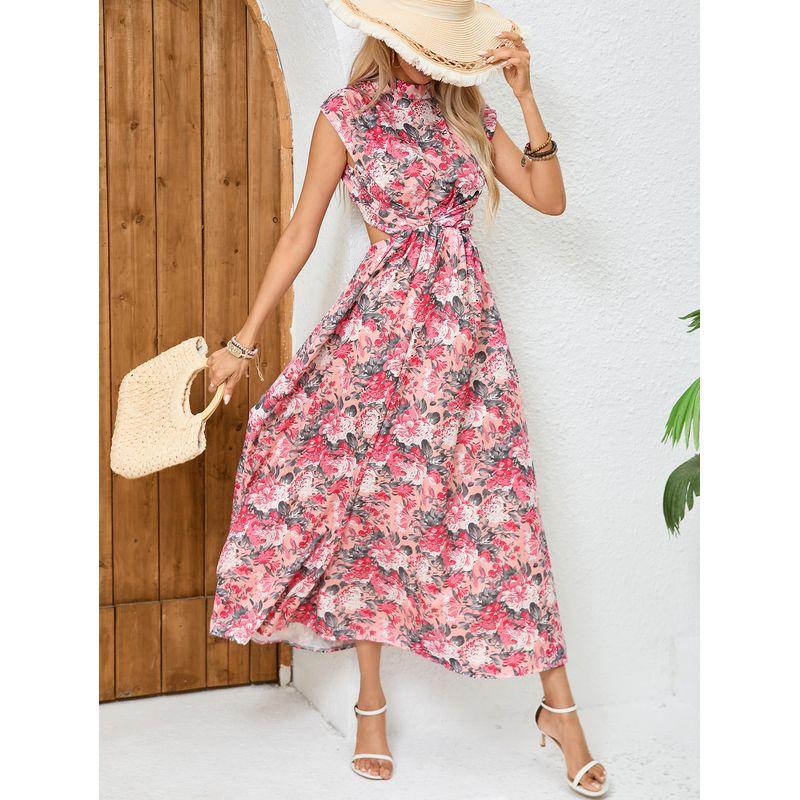 

Vacation Style Print Sleeveless Half Turtleneck Design Open Back Sexy Waist Slim Looking Elegant Dress Party Dress Skirt Picture color XL