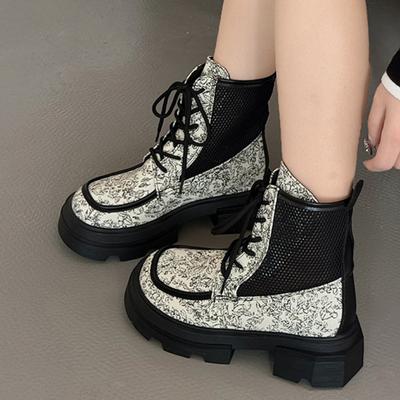 Ladies Shoes 2024 Fashion Lace Up Women's Boots Autumn Round Toe Mixed Colors Short Barrel Chunky Heels Boots Zapatos De Mujer