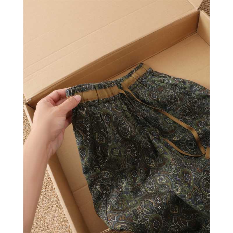 Dames Vintage Paisley Print Linnen Katoen Broek Elastische Taille Wijde Pijp Rechte Broek