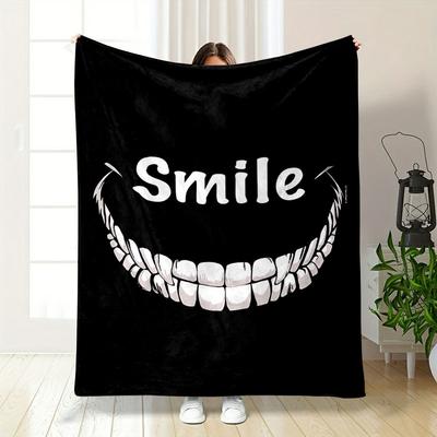 A Large, Wide Grin with White Teeth Displayed Beneath the Word "Smile". for All Seasons Blanket Lunch Break Throw Gift