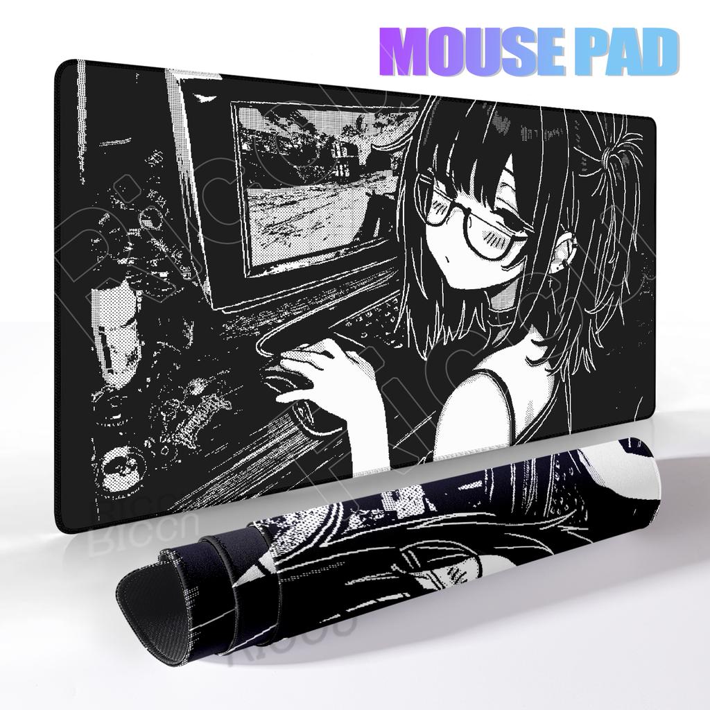 Podložka pod myš pro anime dívku XXL Pixel Černobílá Podložka pod myš Dekorace stolu Podložka na klávesnici Kancelářské potřeby XXL Podložka na PC stůl E-sportový koberec