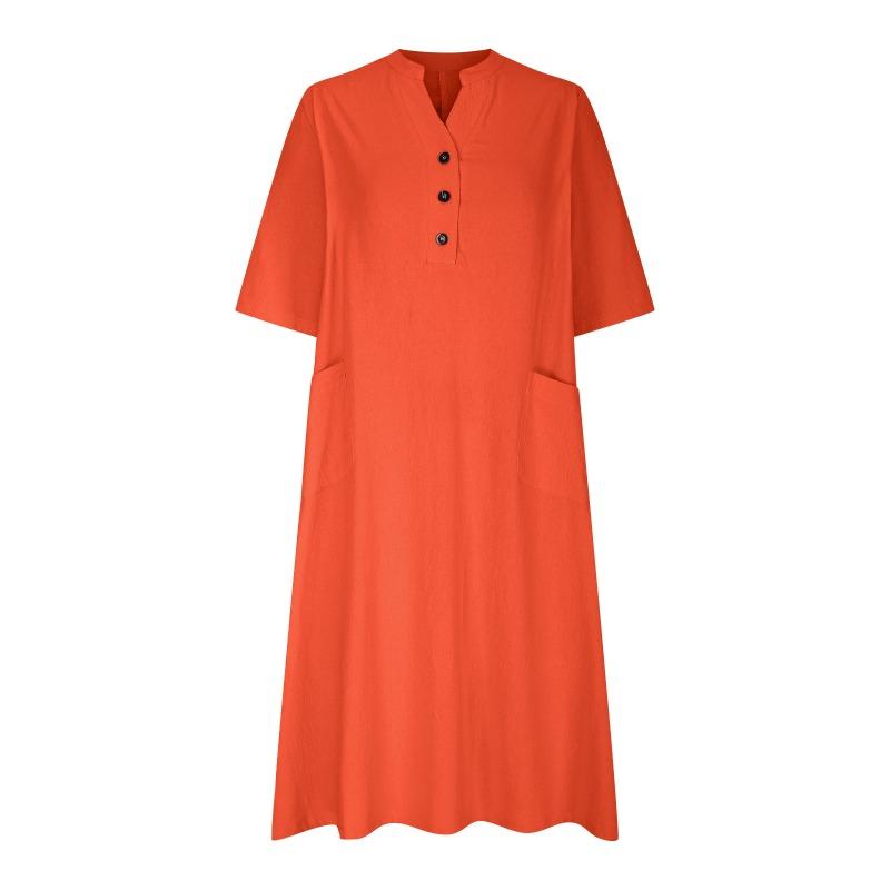Women's Three-button Pocket Dress Women's Mid-length V-neck Half-sleeved