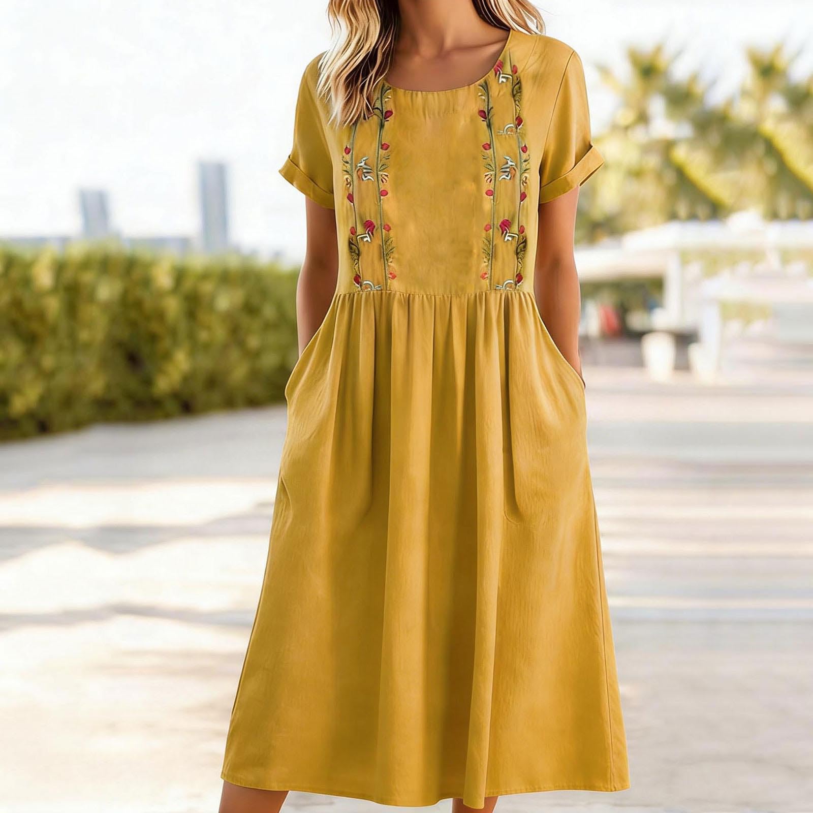 

Women s Cotton And Linen Embroidered Printed Round Neck Pocket Short Sleeved Dress XL жовтий