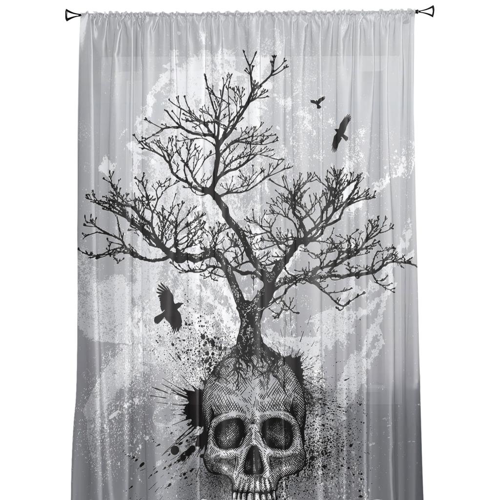 Skeleton Tree Branch Bird Skull Sheer Curtains for Living Room Modern Voile Curtain Bedroom Tulle Curtains Window Drapes Decor