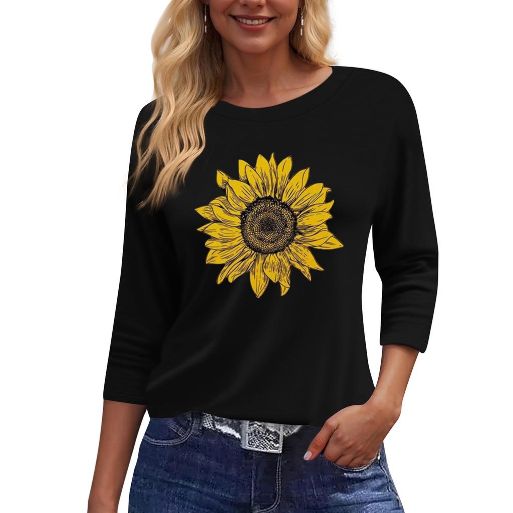 Women's Fashion Casual Round Neck 3/4 Sleeve Loose  Printed T-Shirt Ladies Top