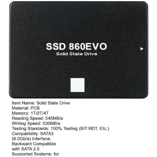 860 EVO SATA 3 2.5-inch SSD 1/2/4TB Maximum Read 545MB/s Max Write 530MB/s PC Computer Desktop Laptop Internal Solid State Drive Replacement